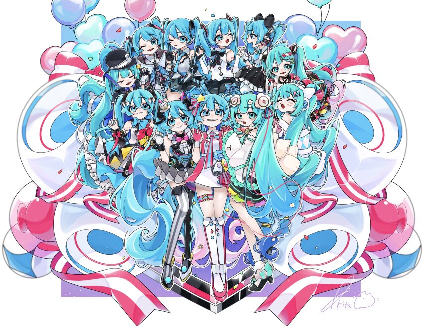 6+girls absurdres akita_aaa aqua_eyes aqua_hair aqua_necktie argyle_clothes argyle_thighhighs asymmetrical_legwear balloon bare_shoulders black_bow black_gloves black_headwear black_ribbon black_skirt boots bow bowtie cable card_in_hat closed_eyes commentary confetti criss-cross_halter dress everyone flower frilled_skirt frills fur-trimmed_shawl fur_trim gloves grey_shirt grin hair_bow hair_flower hair_ornament halterneck hat hatsune_miku headphones heart_balloon high_heels highres holding_hands japanese_clothes knee_boots long_hair looking_at_viewer magical_mirai_(vocaloid) magical_mirai_miku magical_mirai_miku_(2013) magical_mirai_miku_(2014) magical_mirai_miku_(2015) magical_mirai_miku_(2016) magical_mirai_miku_(2017) magical_mirai_miku_(2018) magical_mirai_miku_(2019) magical_mirai_miku_(2020_summer) magical_mirai_miku_(2020_winter) magical_mirai_miku_(2021) magical_mirai_miku_(2022) mini_hat mini_top_hat miniskirt mismatched_legwear multiple_girls multiple_persona neck_ribbon neck_ruff necktie one_eye_closed open_mouth pink_bow pink_bowtie pink_dress pink_necktie pleated_skirt rainbow ribbon shawl shirt short_necktie shoulder_tattoo signature skirt sleeveless sleeveless_shirt smile speaker star_(symbol) striped_clothes striped_thighhighs tattoo thigh_strap thighhighs top_hat train twintails very_long_hair vocaloid white_dress white_footwear white_gloves white_headwear wrist_cuffs wrist_ribbon yellow_bow