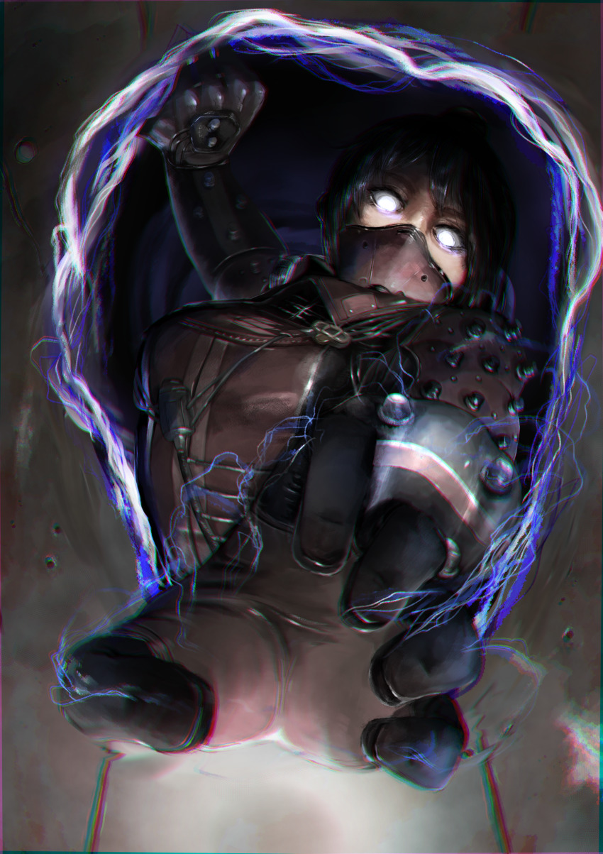 1girl absurdres apex_legends black_gloves black_hair bodysuit breasts cable cou_(captain_armstrong) gloves glowing glowing_eyes highres looking_down mask medium_breasts mouth_mask no_pupils official_alternate_costume open_hand portal_(object) purple_bodysuit realistic solo void_specialist_wraith white_eyes wraith_(apex_legends)