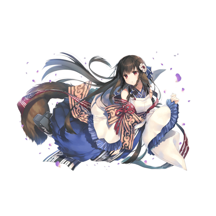 1girl ainu_clothes animal_ears black_hair bow braid full_body hair_between_eyes highres long_hair mitsumi_misato official_art red_eyes rulutieh solo twin_braids utawarerumono utawarerumono:_itsuwari_no_kamen