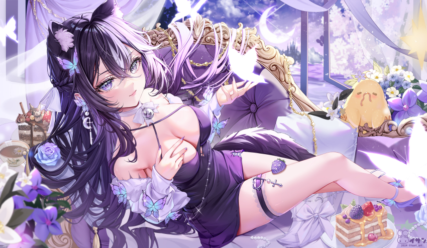 1girl animal_ear_fluff artist_logo bell bird black_dress black_hair braid breasts bug butterfly cake chicken closed_mouth collarbone commission couch crescent crescent_earrings crescent_moon cup curtains dress earrings eyelashes flower flower_on_liquid food fruit hair_between_eyes hair_ribbon highres indie_virtual_youtuber insect isari_sensei jewelry kwuina_(vtuber) logo long_hair moon neck_bell on_couch purple_butterfly purple_eyes purple_flower purple_rose ribbon rose solo strawberry teacup thigh_strap twitter_username virtual_youtuber white_flower white_ribbon