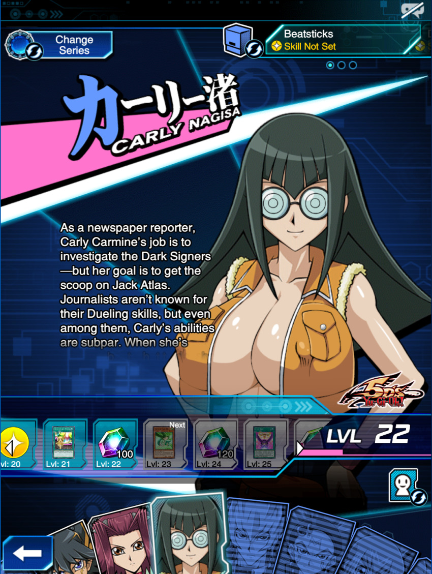 1girl blue_eyes blush breasts card carly_nagisa game_mod glasses green_hair hand_on_own_hip highres huge_breasts long_hair mod navel open_mouth rochestedorm solo third-party_edit yu-gi-oh! yu-gi-oh!_5d&#039;s yu-gi-oh!_duel_links