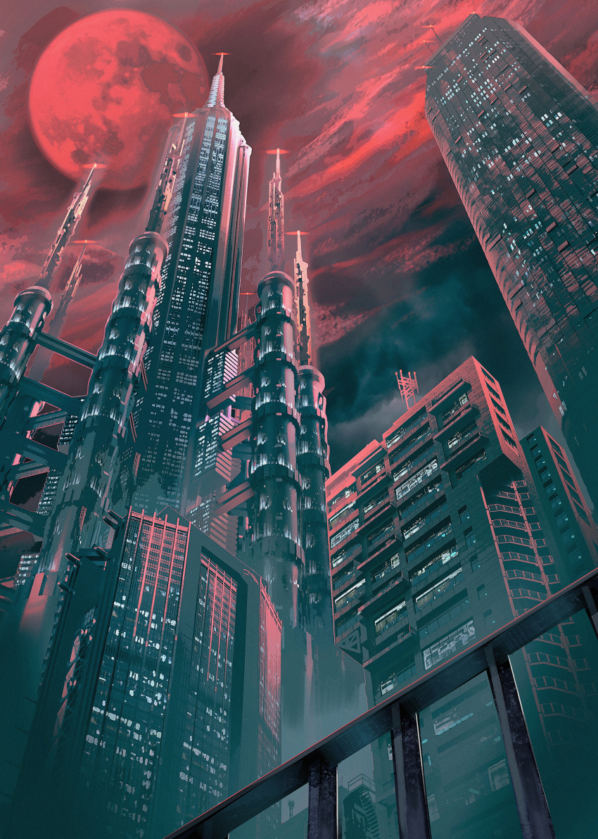 building cloud full_moon highres moon no_humans official_art outdoors psycho-pass railing red_moon red_sky scenery sky skyscraper swav tower