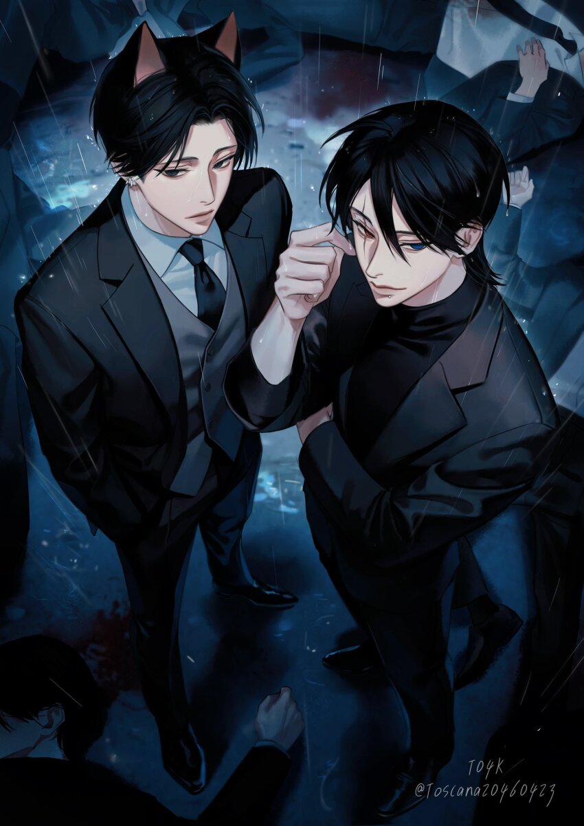 2boys animal_ears artist_name black_eyes black_hair black_jacket black_necktie black_pants black_shoes black_sweater blood blood_on_clothes blood_on_ground blue_eyes cat_ears closed_mouth commentary earrings english_commentary from_above full_body grey_vest hair_between_eyes heterochromia highres jacket jewelry looking_to_the_side male_focus mouth_piercing multiple_boys necktie original outdoors pants rain red_eyes scar scar_across_eye scar_across_eyebrow scar_on_face shirt shoes short_hair standing sweater thick_lips toscana20460423 turtleneck turtleneck_sweater twitter_username vest white_shirt