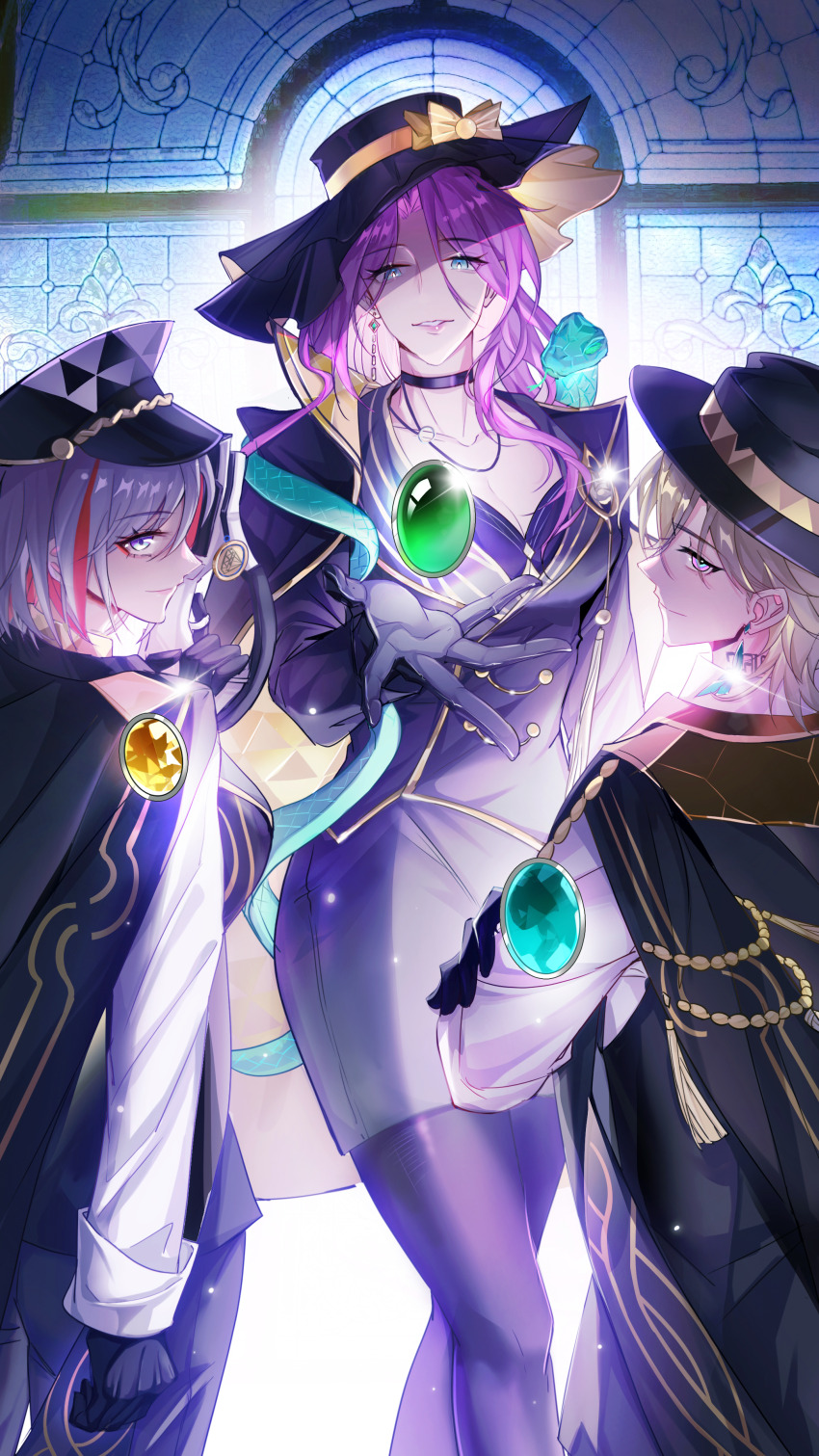 1boy 2girls absurdres aventurine_(honkai:_star_rail) black_gloves black_hat black_jacket black_pants black_pantyhose black_shirt blonde_hair blue_eyes breasts earrings gem gloves green_gemstone grey_hair hat highres honkai:_star_rail honkai_(series) jacket jewelry long_hair medium_breasts multicolored_hair multiple_girls neck_tattoo pants pantyhose purple_hair red_hair shenjudongmandabanban shirt single_earring smile snake tattoo topaz_(honkai:_star_rail) topper_(nu_carnival) white_hair yellow_gemstone