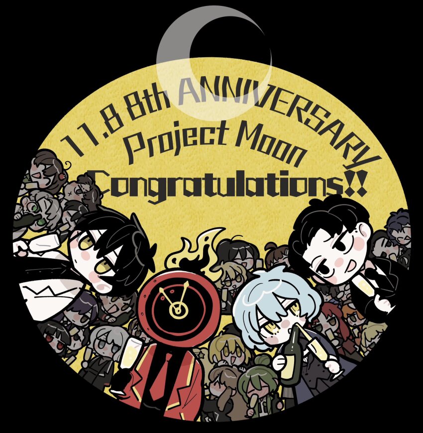 1other 6+boys 6+girls angela_(project_moon) anniversary ayin_(project_moon) benjamin_(project_moon) binah_(project_moon) black_eyes black_hair blonde_hair blue_eyes blue_hair bottle brown_hair carmen_(project_moon) chesed_(project_moon) clock commentary cup dante_(limbus_company) dated don_quixote_(project_moon) faust_(project_moon) fire green_eyes gregor_(project_moon) hair_bun heathcliff_(project_moon) highres hod_(project_moon) holding holding_bottle holding_cup hong_lu_(project_moon) ishmael_(project_moon) kojocho05 library_of_ruina limbus_company lobotomy_corporation long_hair meursault_(project_moon) multiple_boys multiple_girls netzach_(project_moon) open_mouth outis_(project_moon) parted_bangs ponytail project_moon red_eyes rodion_(project_moon) roland_(project_moon) round_image ryoshu_(project_moon) short_hair simple_background sinclair_(project_moon) smile tiphereth_a_(project_moon) white_hair yellow_background yellow_eyes yi_sang_(project_moon)