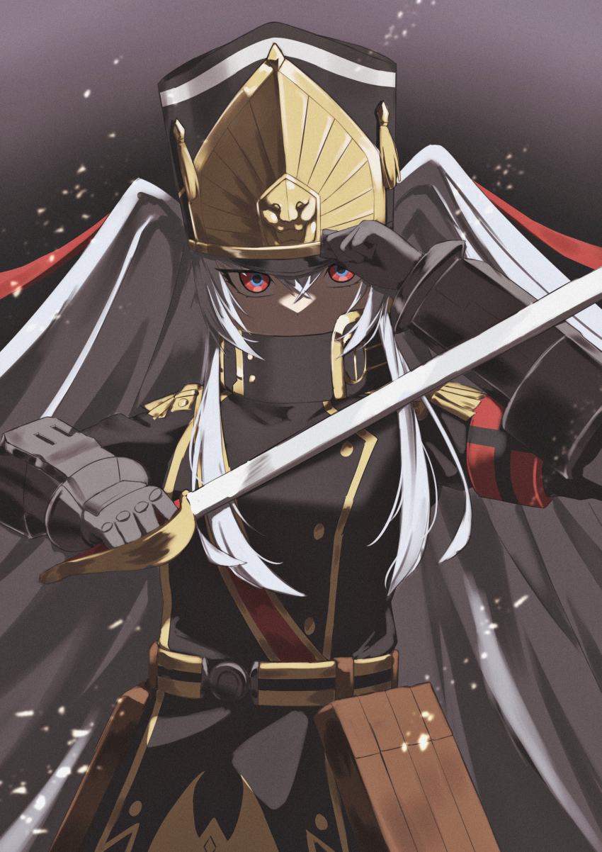 1girl absurdres altair_(re:creators) armband belt belt_bag bib black_armband black_coat black_dress blue_eyes brown_belt buttons coat coat_dress commentary crossed_bangs dress epaulettes gauntlets gold_trim gradient_background grey_background grey_hair hair_ribbon hand_on_visor hat high_collar highres holding holding_sword holding_weapon lion_head_(ornament) long_bangs long_hair long_sleeves looking_at_viewer military_hat military_uniform multicolored_eyes nokuto09 re:creators red_armband red_eyes red_ribbon ribbon shade shako_cap sidelocks solo sword twintails two-tone_armband two-tone_eyes upper_body weapon