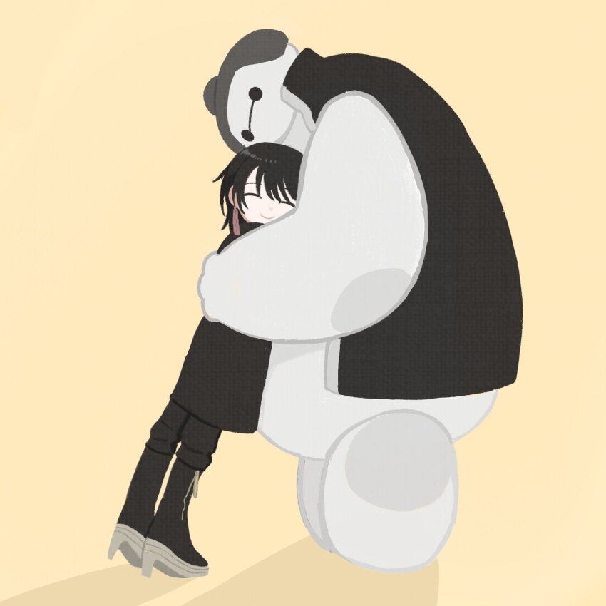1girl baymax big_hero_6 black_coat black_footwear black_pants boots closed_eyes closed_mouth coat cosplay earrings full_body highres hug jewelry kagari_hiyuki kagurabachi mihara_tafuku mihara_tafuku_(cosplay) pants parody remremof simple_background smile yellow_background