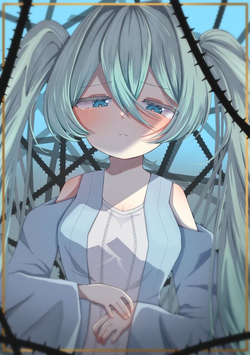 1girl aqua_eyes aqua_hair bare_shoulders blue_background blue_dress blush breasts cleavage clothing_cutout colored_eyelashes dress evillious_nendaiki fe-ka hair_between_eyes hatsune_miku highres long_hair looking_down margarita_blankenheim medium_breasts nemurase_hime_kara_no_okurimono_(vocaloid) own_hands_together pale_skin project_sekai sad shoulder_blush shoulder_cutout solo thorns twintails very_long_hair vocaloid wide_sleeves
