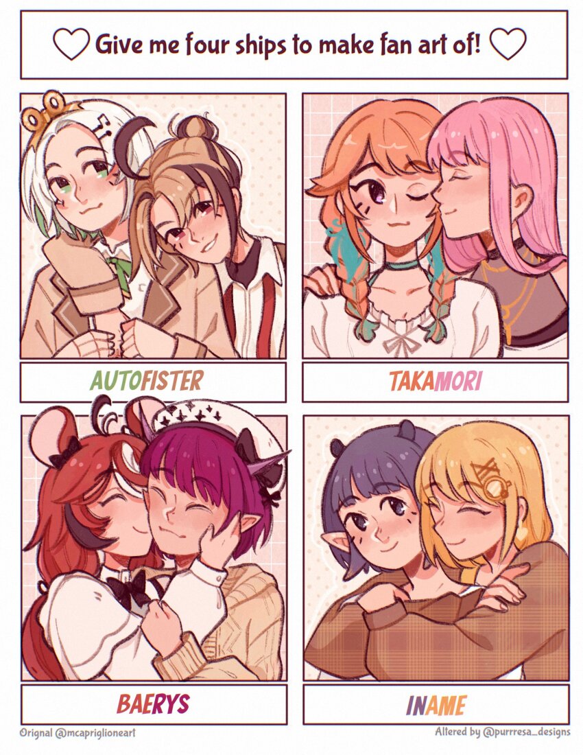 6+girls animal_ears arms_around_neck blonde_hair blue_choker braid brown_hair brown_jacket brown_sweater cecilia_immergreen choker closed_eyes collared_shirt commentary english_commentary english_text fortissimo gigi_murin give_me_four_ships_challenge green_hair green_ribbon hair_bun hair_ornament hakos_baelz hand_on_another&#039;s_shoulder hat heart highres hololive hololive_english horns hug hug_from_behind irys_(hololive) jacket jewelry kiss kissing_cheek long_sleeves mori_calliope mouse_ears multicolored_hair multiple_girls musical_note musical_note_hair_ornament neck_ribbon necklace ninomae_ina&#039;nis one_eye_closed orange_hair parted_lips pink_hair pointy_ears purple_eyes purple_hair red_eyes red_hair ribbon shirt smile streaked_hair sweater takanashi_kiara tentacle_hair twin_braids twitter_username ulianasdolls virtual_youtuber watson_amelia white_hair white_hat white_shirt winding_key yuri