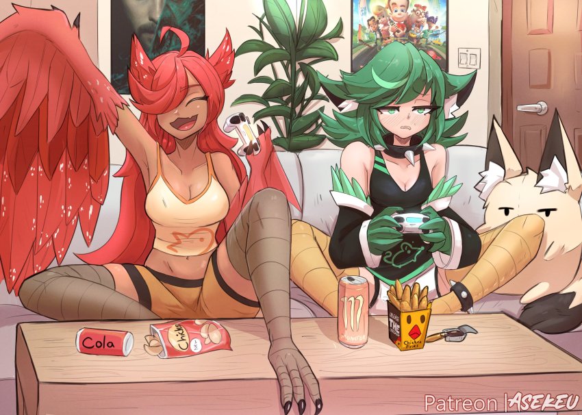 2girls ahoge animal_ear_fluff animal_ears artist_name asekeu bare_shoulders bird_legs black_tank_top blush breasts burger_king can chicken_(food) chips_(food) choker cleavage closed_eyes commentary controller couch dark-skinned_female dark_skin drink_can english_commentary feathers food green_eyes green_feathers green_wings hair_over_one_eye harpy highres holding holding_controller jimmy_neutron_(series) long_hair marvel medium_breasts midriff monster_energy monster_girl morbius_(movie) movie_poster multiple_girls navel open_mouth original plant red_feathers red_wings shorts sitting soda_can sony&#039;s_spider-man_universe spider-man_(series) spiked_anklet spiked_choker spikes stuffed_toy table talons tank_top very_long_hair white_shorts winged_arms wings yellow_shorts yellow_tank_top