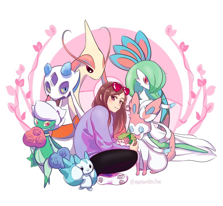 1girl absurdres artist_name black_eyes black_pants blue_eyes bob_cut bow bowtie brown_eyes brown_hair colored_skin commission flower froslass gardevoir gen_3_pokemon gen_4_pokemon gen_6_pokemon green_hair green_skin hair_over_one_eye heart heart-shaped_eyewear highres legendary_pokemon long_hair looking_at_viewer milotic multicolored_fur mythical_pokemon nintendo pachirisu pants pink_eyes pink_fur poke_ball_symbol pokemon pokemon_(creature) purple_sweater qourmet roserade shaymin sitting smile sweater sylveon white_skin
