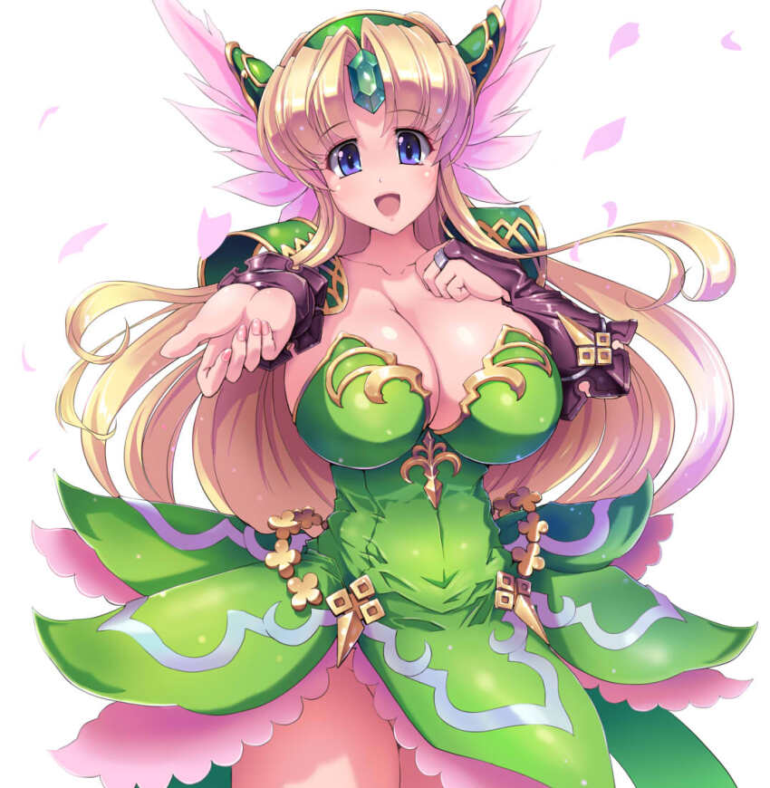 1girl :d armor blonde_hair blue_eyes blush breasts bridal_gauntlets cleavage collarbone cowboy_shot dress forehead_jewel green_dress hand_on_own_chest helmet huge_breasts long_hair looking_at_viewer no_panties open_mouth pauldrons petals raochuu riesz seiken_densetsu seiken_densetsu_3 shoulder_armor simple_background smile solo strapless strapless_dress white_background winged_helmet