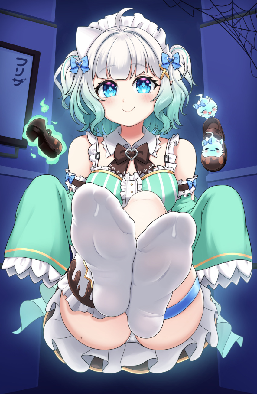 1girl apron ass blue_eyes blush bow breasts commentary detached_sleeves dress efreezerarts english_commentary feet floating foot_focus frills ghost_girl gradient_hair green_dress green_hair hair_ornament highres indie_virtual_youtuber legs looking_at_viewer maid maid_headdress mint_fantome mint_fantome_(minto_2.0) mole mole_on_ass multicolored_hair panties shoes short_hair sleeves_past_wrists smile socks soles solo toes triangular_headpiece two_side_up underwear unworn_shoes virtual_youtuber white_hair white_socks wisps_(mint_fantome) x_hair_ornament