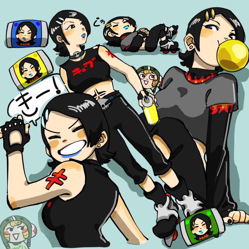2girls alternate_costume black_hair blowing_bubble_gum chewing_gum chibi choker closed_eyes cube_(jsr) gum_(jsr) hair_ornament hairpin highres jet_set_radio layered_sleeves lipstick makeup midriff multiple_girls roller_skates sega short_hair skates sleeveless smile spray_can tanosigto3 tattoo