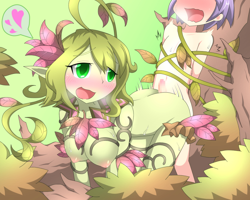 1boy 1girl :d amauchi antenna_hair ass blush branch breasts brown_background buttjob censored colored_skin commentary_request completely_nude doria_(mon-musu_quest!) dryad femdom gradient_background green_eyes green_hair green_skin hair_between_eyes hair_ornament heart in_tree large_breasts leaf leaf_hair_ornament luka_(mon-musu_quest!) mon-musu_quest! monster_girl mosaic_censoring navel nipples nude open_mouth penis plant plant_girl plant_hair pointy_ears purple_hair rape red_leaf restrained short_hair sitting sitting_in_tree smile spoken_heart sweat sweatdrop tree vines