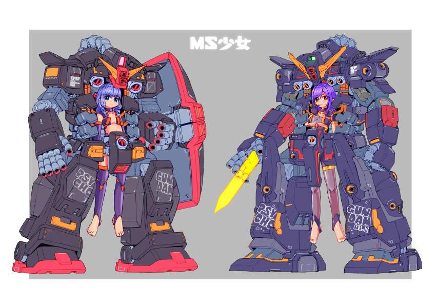 2girls absurdres ag_00000 barefoot blue_eyes breasts character_name clenched_hand gundam gundam_zz highres large_breasts looking_at_viewer mecha mecha_musume multiple_girls open_hands psyco_gundam psyco_gundam_mk_ii purple_hair robot small_breasts toeless_legwear underboob v-fin yellow_eyes zeta_gundam