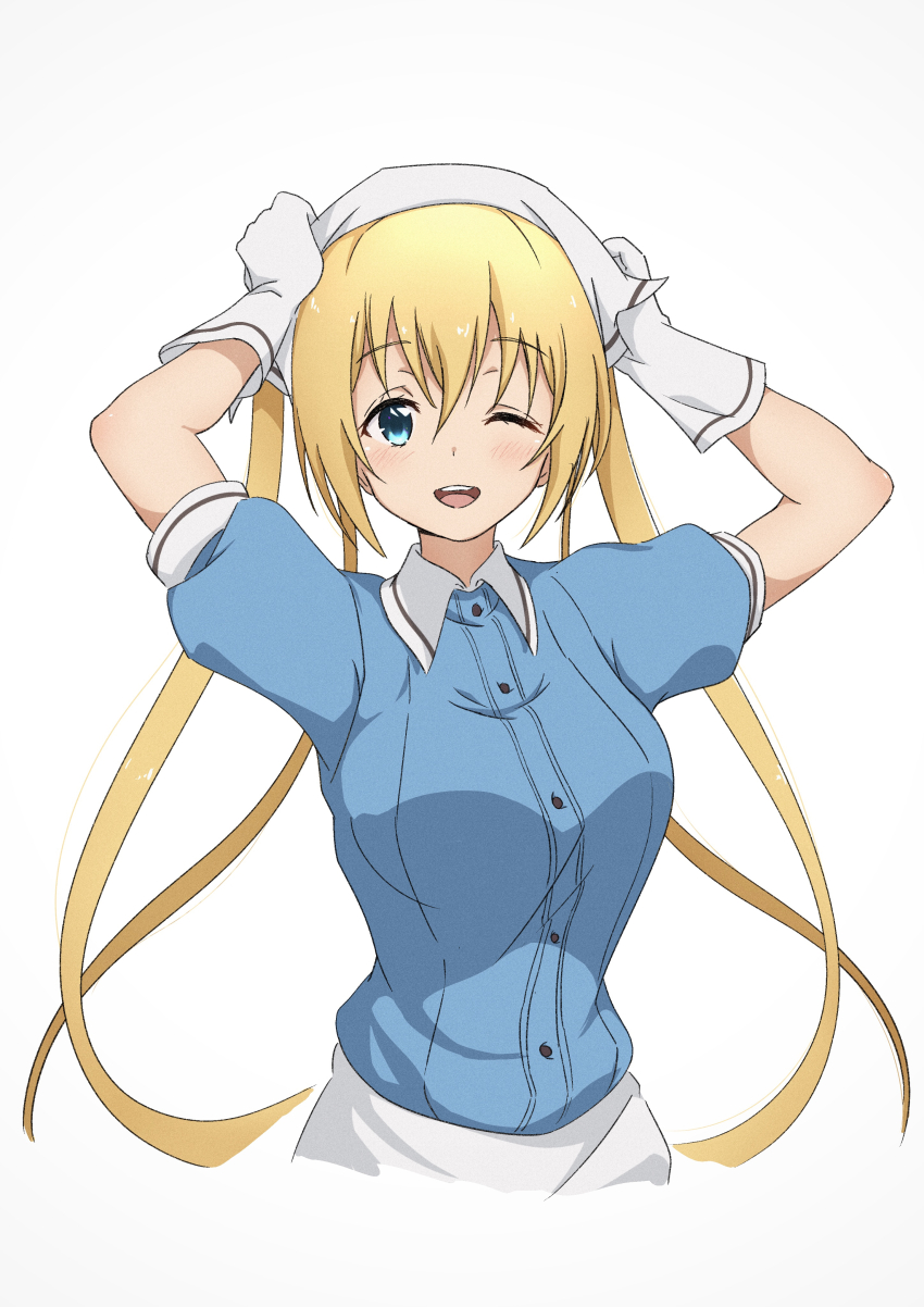 1girl absurdres apron blend_s blonde_hair blue_eyes blue_shirt blush breasts frilled_apron frills gloves hair_between_eyes headscarf highres hinata_kaho large_breasts long_hair looking_at_viewer nishizuki_shino one_eye_closed open_mouth shirt short_sleeves smile stile_uniform twintails upper_body very_long_hair waitress white_apron white_background white_gloves white_headscarf