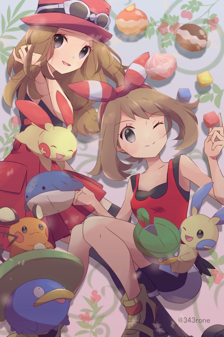 2girls 343rone absurdres bare_arms bike_shorts bike_shorts_under_shorts black_shirt bow_hairband brown_hair closed_mouth commentary_request dedenne eyelashes eyewear_on_headwear gen_3_pokemon gen_6_pokemon grey_eyes hairband hat highres holding knees_together_feet_apart lotad may_(pokemon) medium_hair minun multiple_girls nintendo pleated_skirt plusle pokemon pokemon_(creature) pokemon_oras pokemon_xy red_hairband red_shirt red_skirt serena_(pokemon) shirt shoes shorts skirt sleeveless sleeveless_shirt smile split_mouth sunglasses twitter_username wailmer yellow_shoes