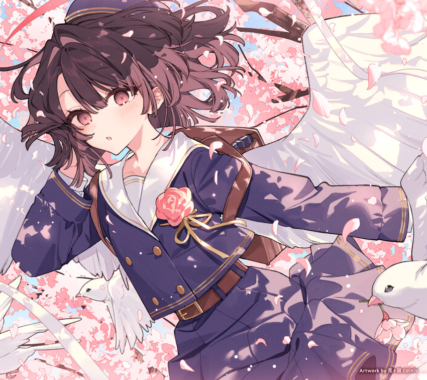1girl :o animal arm_behind_head backpack bad_link bag belt belt_buckle beret bird blue_hat blue_shirt blue_skirt blue_sky blush branch brown_belt brown_eyes brown_hair buckle day feathered_wings flower hair_between_eyes hanagata hand_up hat highres original outdoors parted_lips petals pink_flower pleated_skirt sailor_collar school_uniform serafuku shirt skirt sky solo white_sailor_collar white_wings wings