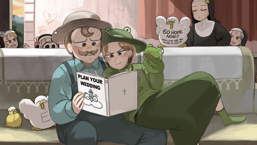 1boy 5girls aged_down baby_animal bird black_eyes blonde_hair blue_eyes blue_overalls blue_shirt brown_eyes brown_hair bunny_nun_(diva) chicken closed_eyes commentary couple diva_(hyxpk) duck duckling english_commentary english_text facial_hair frog_hat froggy_nun&#039;s_father_(diva) froggy_nun&#039;s_mother_(diva) green_hat green_skirt grey_hair habit hair_ornament hat highres little_nuns_(diva) multiple_girls mustache nun overalls rabbit_hair_ornament shirt skirt slice_of_life smug_nun_(diva) star_nun_(diva) star_ornament strict_nun_(diva) tongue tongue_out traditional_nun