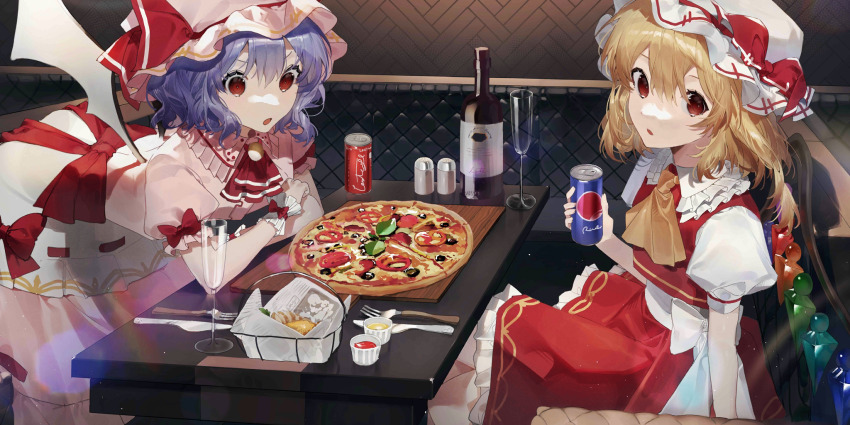 2girls alcohol ascot bat_wings blonde_hair blue_hair bottle brooch can coca-cola collared_shirt commentary crystal crystal_wings cup drink_can drinking_glass english_commentary flandre_scarlet food fork frilled_shirt_collar frills game_cg hat hat_ribbon hatachi highres holding holding_can jewelry ketchup knife looking_at_viewer mayonnaise mob_cap multicolored_wings multiple_girls official_art open_mouth pepsi pink_hat pink_shirt pink_skirt pizza puffy_short_sleeves puffy_sleeves red_ascot red_eyes red_ribbon red_skirt red_vest remilia_scarlet ribbon salt salt_shaker shirt short_hair short_sleeves siblings side_ponytail sisters sitting skirt skirt_set soda_can table third-party_source touhou touhou_lostword vest white_hat wine wine_bottle wine_glass wings wrist_cuffs yellow_ascot