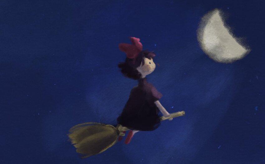 1girl bare_arms black_dress blue_eyes blush_stickers bow broom broom_riding closed_mouth commentary dress flying from_side gibbous_moon hair_bow hairband happy highres kiki_(majo_no_takkyuubin) lily_hoang-zhu long_dress majo_no_takkyuubin moon night night_sky red_bow red_hairband red_shoes shoes short_sleeves sky smile solid_circle_eyes solo star_(sky) starry_sky symbol-only_commentary turtleneck turtleneck_dress