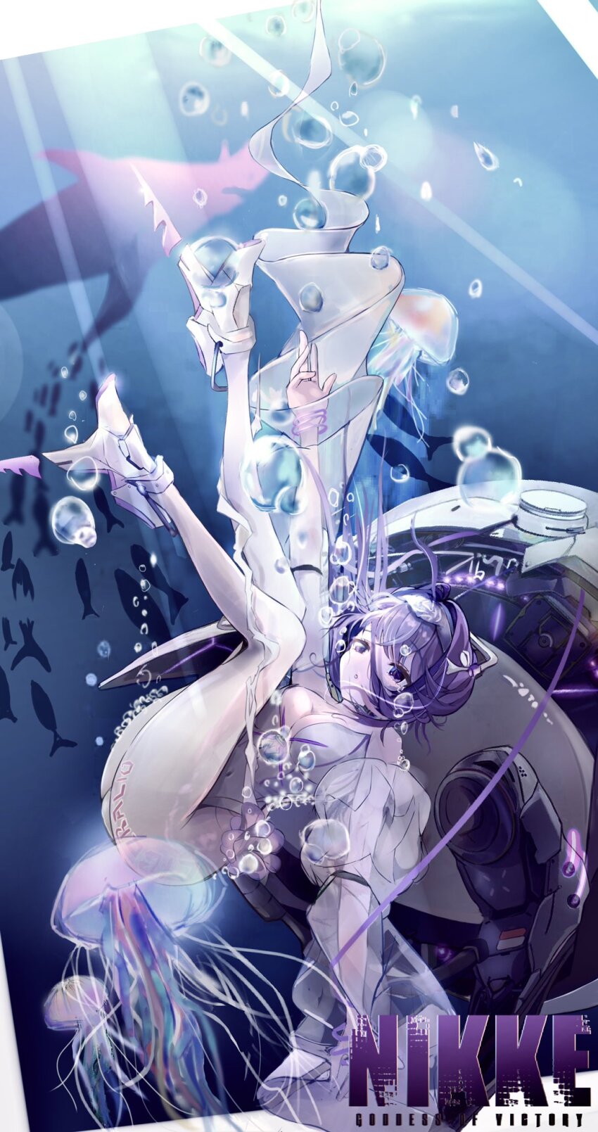 1girl breasts bubble cleavage copyright_name detached_sleeves fish frilled_skirt frills goddess_of_victory:_nikke headband high_heels highleg highleg_leotard highres jellyfish leotard liberalio_(nikke) medium_breasts pantyhose pinjirooo pleated_skirt purple_eyes purple_hair see-through_clothes see-through_sleeves short_hair skirt solo underwater very_long_sleeves white_pantyhose white_skirt