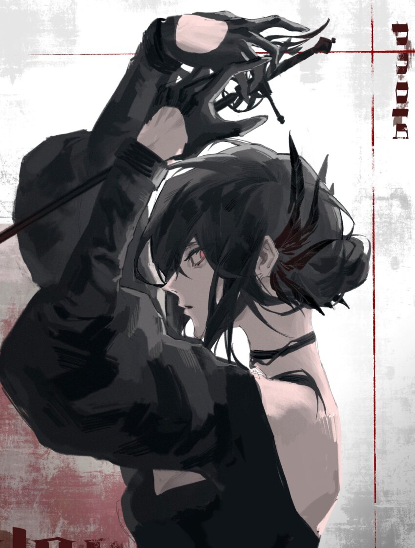 1girl black_gloves black_hair black_shirt dagger from_side gloves highres jiao_chang knife original red_eyes shirt solo upper_body weapon