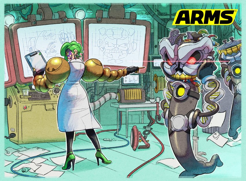 1girl arms_(game) blueprint_(object) commentary_request dr._coyle green_hair hedlok high_heels highres lab_coat laboratory logo mechanical_arms monitor nintendo official_art pointing robot single_mechanical_arm slime_(substance) the_cell yamamoto_yuu