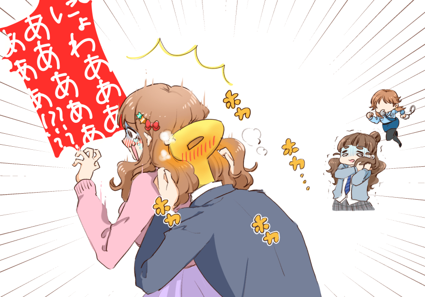 1boy 3girls behind_another blush brown_hair commentary_request cuffs emphasis_lines face_in_hair formal_clothes from_behind hair_ornament hand_up handcuffs highres hogehogemoji06 holding holding_handcuffs idolmaster idolmaster_cinderella_girls kamiya_nao katagiri_sanae long_hair long_sleeves moroboshi_kirari multiple_girls open_mouth p-head_producer police police_uniform producer_(idolmaster) star_(symbol) star_hair_ornament suit tears white_background