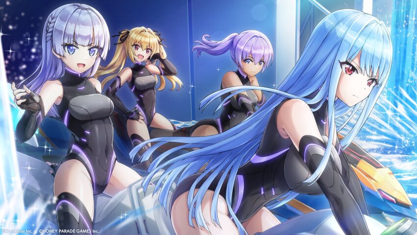 4girls blonde_hair blue_eyes blue_hair bodysuit breasts covered_navel dark-skinned_female dark_skin dolphin_wave elbow_gloves fingerless_gloves gloves hair_ribbon hand_on_own_hip highres jet_ski kazami_ellen long_hair medium_breasts multiple_girls nayuki_hiori official_art ootomo_takuji ponytail purple_hair red_eyes ribbon schnee_weissberg souma_hayate twintails very_long_hair watercraft