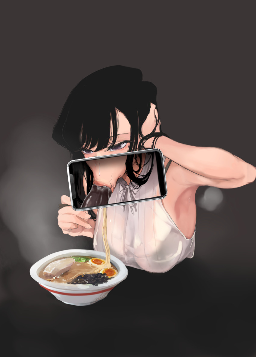 1boy 1girl :&gt;= armpits black_hair breasts cellphone censored chopsticks dark-skinned_male dark_skin eating egg fellatio food hetero highres interracial komi-san_wa_komyushou_desu komi_shouko large_breasts long_hair mamimi_(mamamimi) meat noodles oral penis phone photo_(object) photo_comparison purple_eyes ramen sleeveless smartphone solo stray_pubic_hair