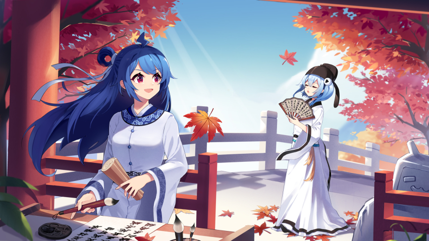 2girls ahoge autumn_leaves bili_girl_22 bili_girl_33 bilibili blue_hair calligraphy_brush closed_eyes day fence folding_fan hand_fan highres holding holding_brush ink leaf light_blue_hair long_hair looking_at_another multiple_girls official_art outdoors paintbrush pink_eyes shadow sharlorc short_hair standing sunlight tree wide_sleeves writing