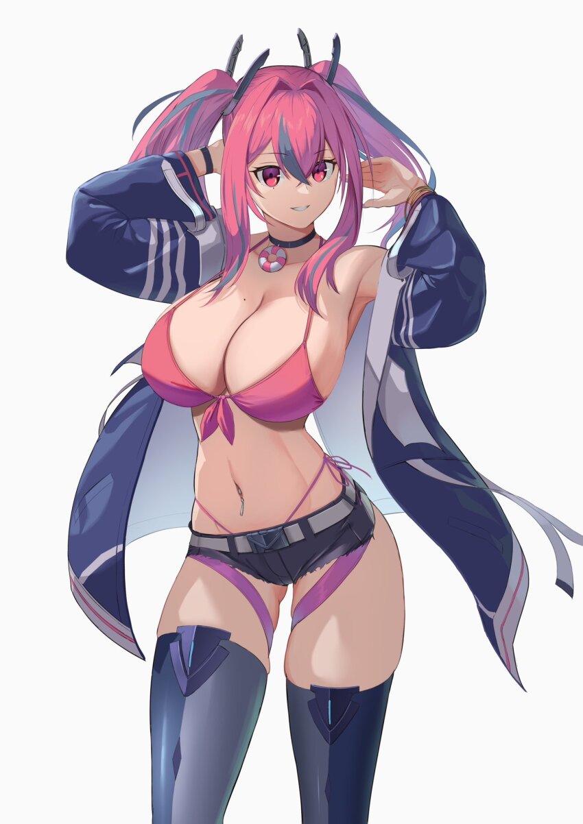 1girl azur_lane bikini black_choker black_shorts blue_jacket breasts bremerton_(azur_lane) choker commentary_request cowboy_shot grey_background grey_hair hair_intakes highres huge_breasts jacket large_breasts lom_(lom_lom_8) long_hair long_sleeves looking_at_viewer multicolored_hair navel navel_piercing open_clothes open_jacket piercing pink_bikini pink_eyes pink_hair short_shorts shorts solo standing stomach streaked_hair swimsuit thigh_strap thighhighs twintails