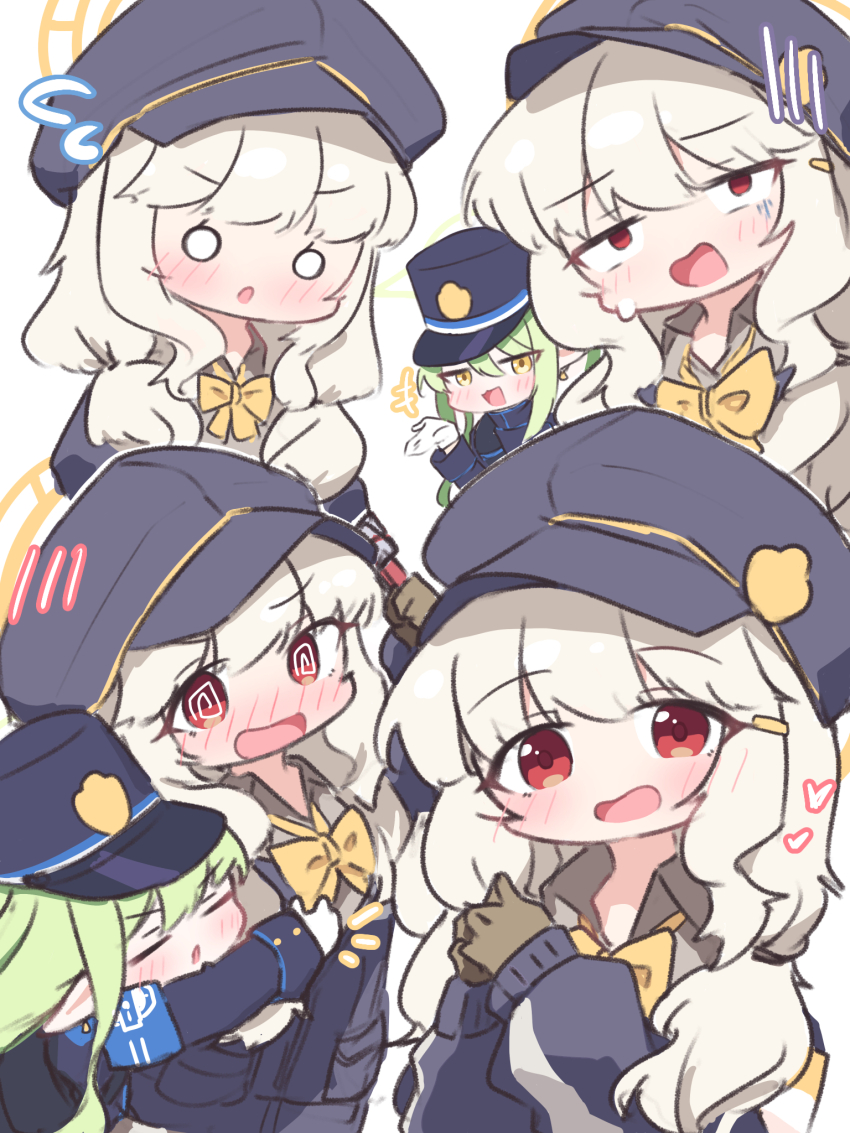3girls aoba_(blue_archive) black_hat blonde_hair blue_archive blush chibi green_hair halo hat highres hikari_(blue_archive) hug karupa_(karupapon) looking_at_viewer multiple_girls nozomi_(blue_archive) simple_background white_background