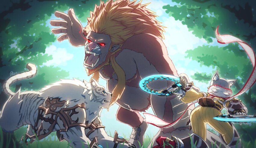 1girl alten animal_ears ass blue_sky cat_ears cat_girl chakram cloud cloudy_sky dromarch_(xenoblade) dual_wielding gloves glowing glowing_weapon grey_hair highres holding holding_weapon jumpsuit long_sleeves monster nature nia_(xenoblade) open_mouth outdoors red_eyes short_hair sky solo territorial_rotbart tree weapon white_gloves xenoblade_chronicles_(series) xenoblade_chronicles_2 yellow_jumpsuit