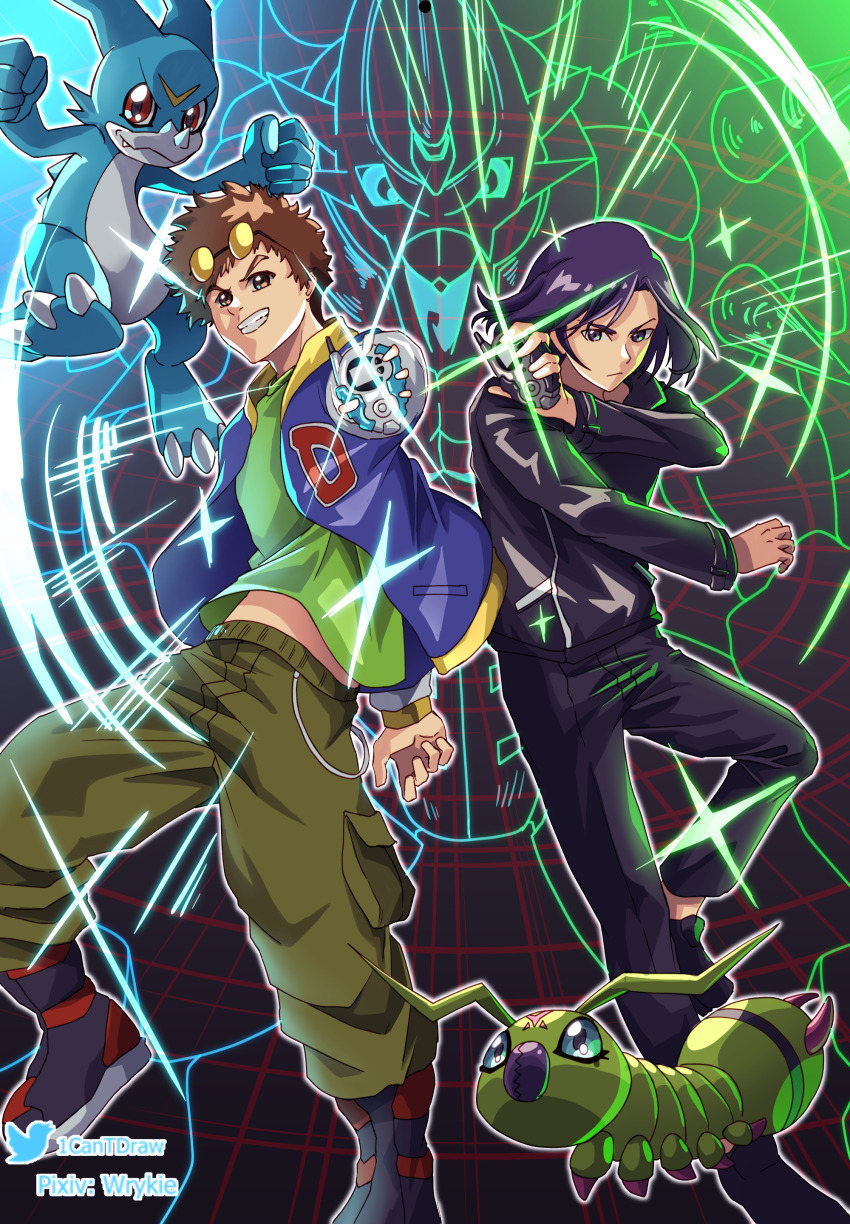 absurdres black_background black_boots black_hair black_jacket black_pants blue_jacket blue_scales blue_skin boots brown_hair bug colored_skin d-3_(digimon) digimon digimon_(creature) digimon_adventure_-beyond- digimon_adventure_02 evolutionary_line green_pants green_shirt highres holding ichijouji_ken jacket male_focus medium_hair motomiya_daisuke multiple_boys paildramon pants red_eyes richard_park shirt short_hair v-mon wormmon