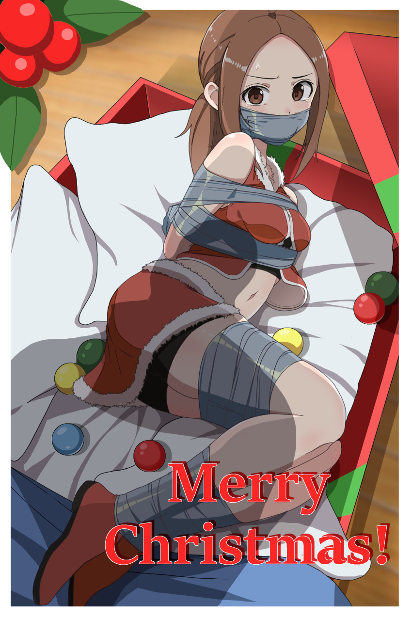 1boy 1girl absurdres angry arms_behind_back ass bare_shoulders bdsm belly black_bra black_shorts blush bondage bound bound_arms bound_legs bound_torso bra breasts brown_eyes brown_hair christmas christmas_ornaments christmas_present cloth_gag coat crop_top crying crying_with_eyes_open english_text female_focus fur-trimmed_coat fur-trimmed_crop_top fur-trimmed_skirt fur_trim gag gagged gift glaring highres improvised_gag indoors karakai_jouzu_no_(moto)_takagi-san karakai_jouzu_no_takagi-san legs legs_together long_hair looking_at_another looking_at_viewer looking_to_the_side looking_up medium_breasts midriff mistletoe navel nishikata perky_breasts ponytail presenting red_coat red_skirt santa_costume shadow shorts shorts_under_skirt sidelocks skin_tight skindentation skirt solo_focus stomach sweat sweatdrop takagi-san tape tape_bondage tape_gag taped_hands tearing_up tears thighs tiedtiki underwear wooden_floor