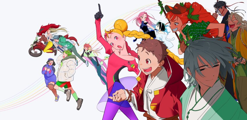 6+boys 6+girls alien_stage ann_(messiah_project) black_dress black_gloves blonde_hair blue_hair braid brown_hair brown_hat carrot_cookie character_request closed_eyes clothing_cutout cookie_run copyright_request double_bun dress gloves gradient_hair green_eyes green_hair grey_hair hair_bun hairband half-closed_eyes hand_on_own_hip hat highres jacket juliet_sleeves leotard long_sleeves marie_(messiah_project) mask messiah_project mizi_(alien_stage) motor_vehicle motorcycle multicolored_hair multiple_boys multiple_girls off-shoulder_dress off_shoulder on_motorcycle open_mouth orange_eyes orange_hair pantyhose pink_eyes pink_leotard pointing pointing_up puffy_sleeves purple_pantyhose qmeng red_eyes red_hair red_jacket shirt shoulder_cutout smile split-color_hair sua_(alien_stage) twin_braids twintails two-tone_hair white_background white_dress white_hairband