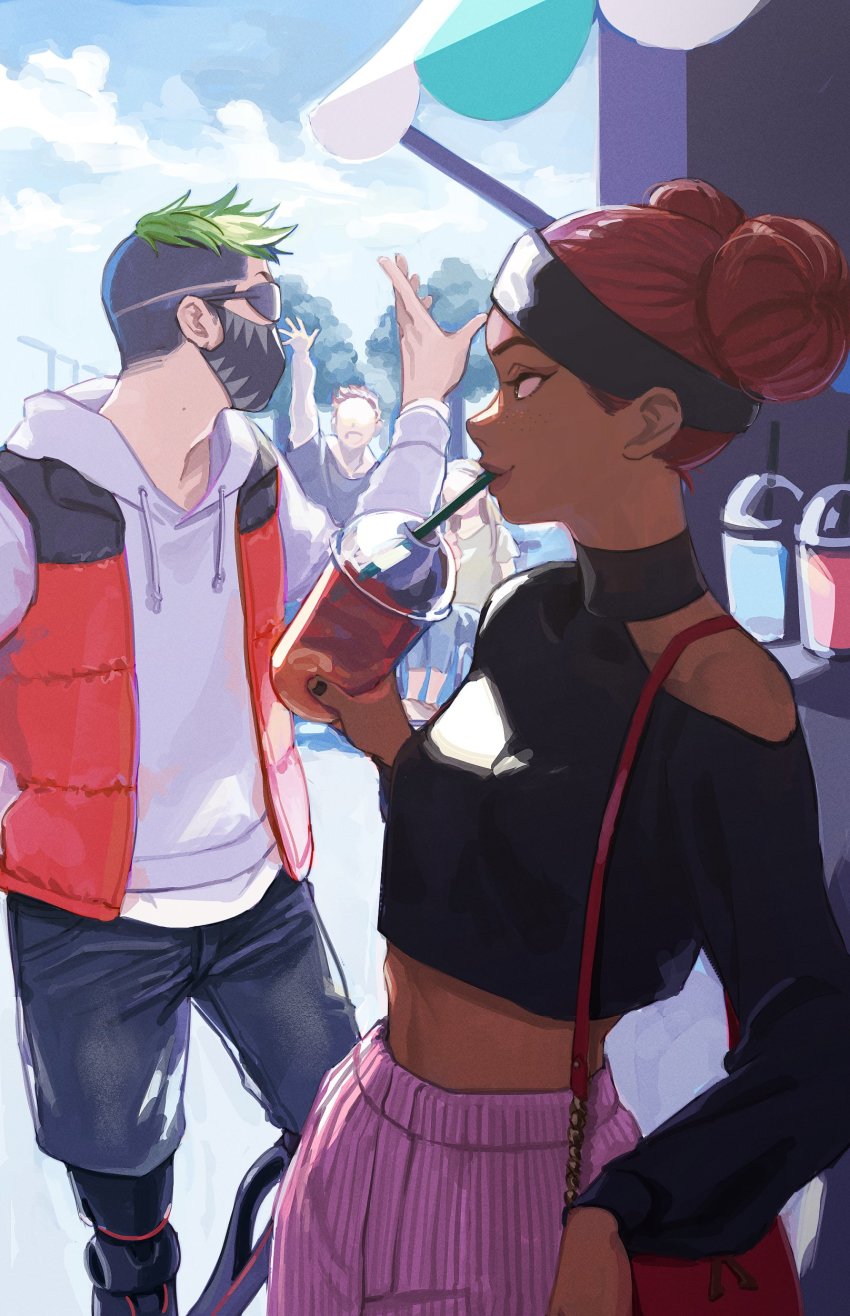 2boys 2girls 2gou absurdres alternate_costume apex_legends bag black_headband black_shorts blonde_hair brown_hair cup dark-skinned_female dark_skin denim denim_shorts disposable_cup double_bun drinking drinking_straw drinking_straw_in_mouth goggles green_hair grey_hoodie hair_bun handbag headband highres hood hoodie lifeline_(apex_legends) looking_back mask mechanical_legs mouth_mask multiple_boys multiple_girls octane_(apex_legends) purple_skirt red_hair shorts skirt undercut vest waving