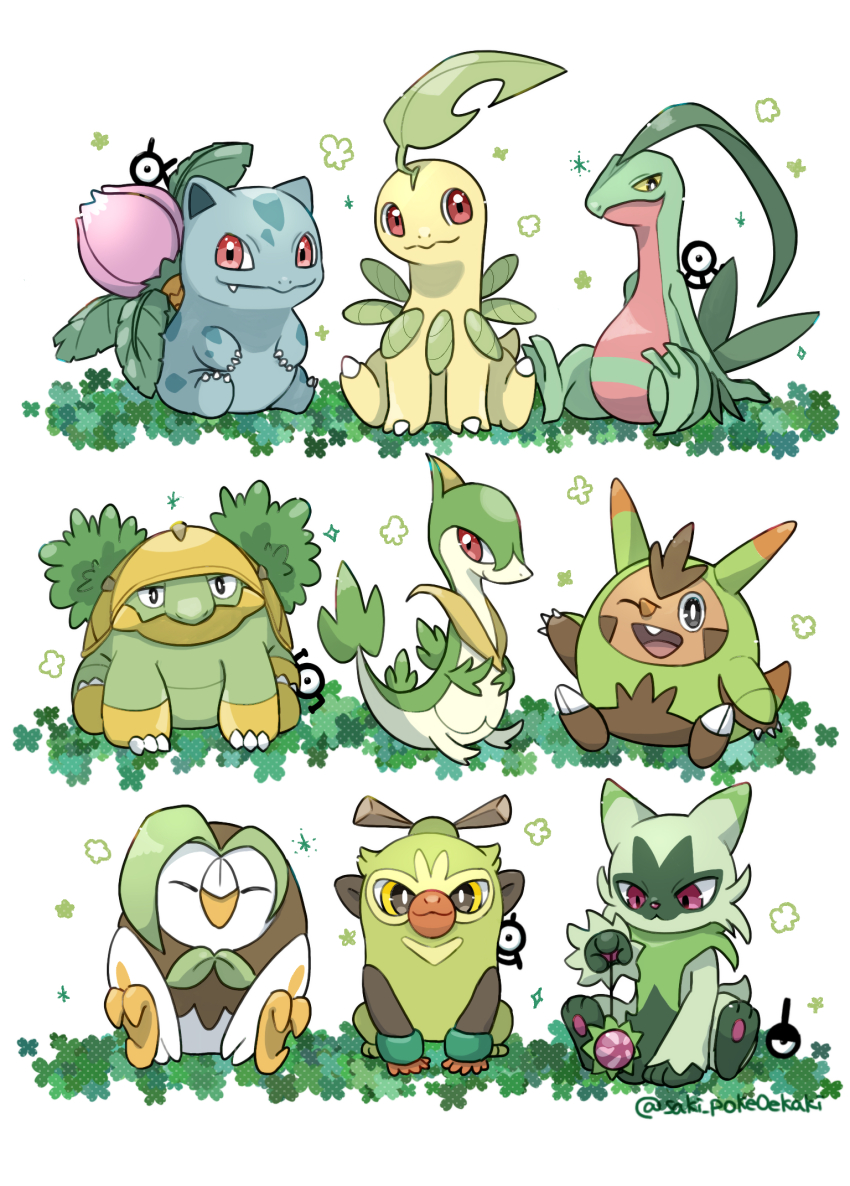 :3 ;d animal_focus bayleef closed_eyes closed_mouth dartrix fang floragato full_body game_freak gen_1_pokemon gen_2_pokemon gen_3_pokemon gen_4_pokemon gen_5_pokemon gen_6_pokemon gen_7_pokemon gen_8_pokemon grotle grovyle highres holding ivysaur looking_at_viewer nintendo no_humans one_eye_closed open_mouth pink_eyes pokemon pokemon_(creature) quilladin red_eyes saki_pokeoekaki servine simple_background sitting smile teeth thwackey twitter_username unown unown_! unown_a unown_k unown_s unown_u upper_teeth_only waving white_background yellow_eyes