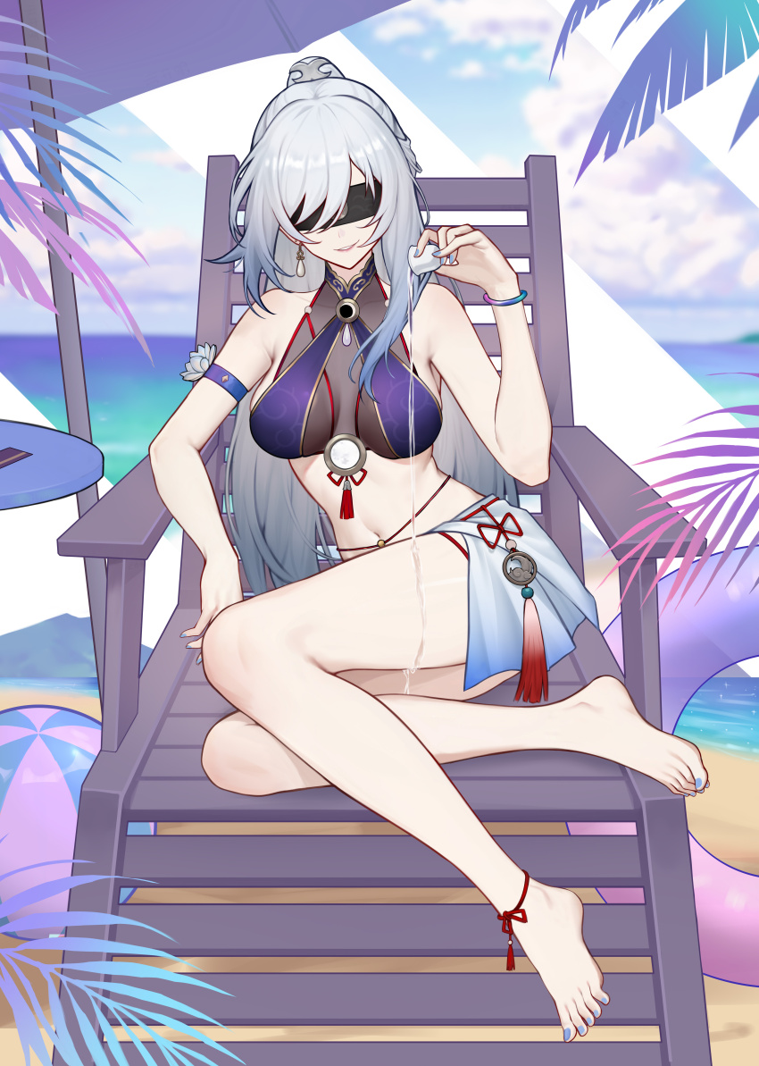 1girl absurdres anklet armlet ass ball barefoot beach_chair beach_umbrella beachball bikini bilingual_commentary black_blindfold blindfold blue_nails blue_sarong blue_sky bracelet breasts chinese_commentary cloud cloudy_sky collarbone commentary cup day earrings elbow_rest english_commentary facing_viewer feet grey_hair hair_between_eyes highres holding holding_cup honkai:_star_rail honkai_(series) jewelry jingliu_(honkai:_star_rail) large_breasts large_variant_set legs long_hair mixed-language_commentary nail_polish navel outdoors paid_reward_available parted_lips pouring pouring_onto_self purple_bikini sakazuki sarong sitting sky smirk solo stomach swim_ring swimsuit thighs toenail_polish toenails toes umbrella variant_set very_long_hair yunkaiming