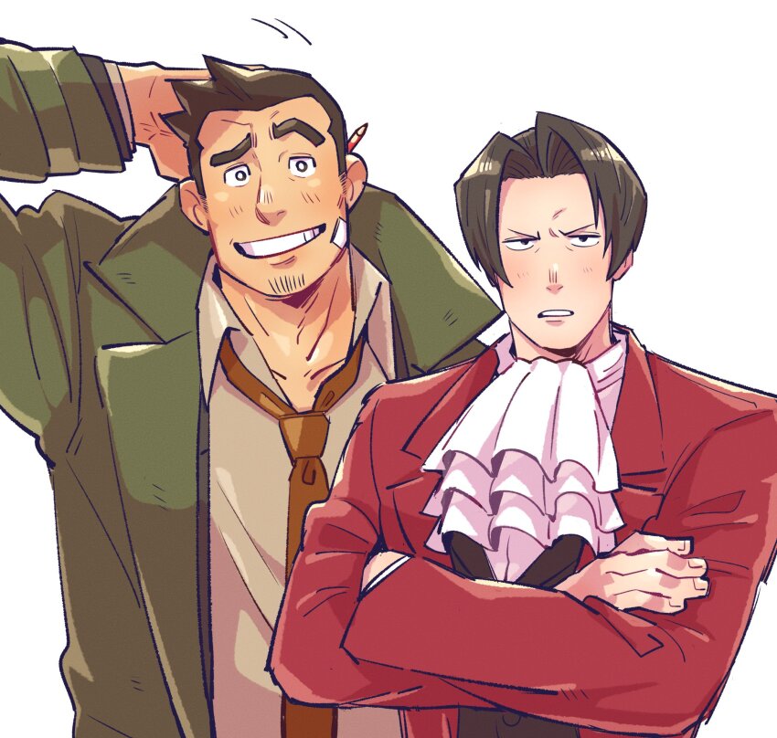 2boys ace_attorney arm_behind_head ascot collared_shirt crossed_arms curtained_hair dick_gumshoe facial_hair goatee_stubble highres jacket male_focus miles_edgeworth multiple_boys necktie raised_eyebrow red_jacket shirt short_hair simple_background stubble upper_body vest white_ascot white_background yowasabimechaoc