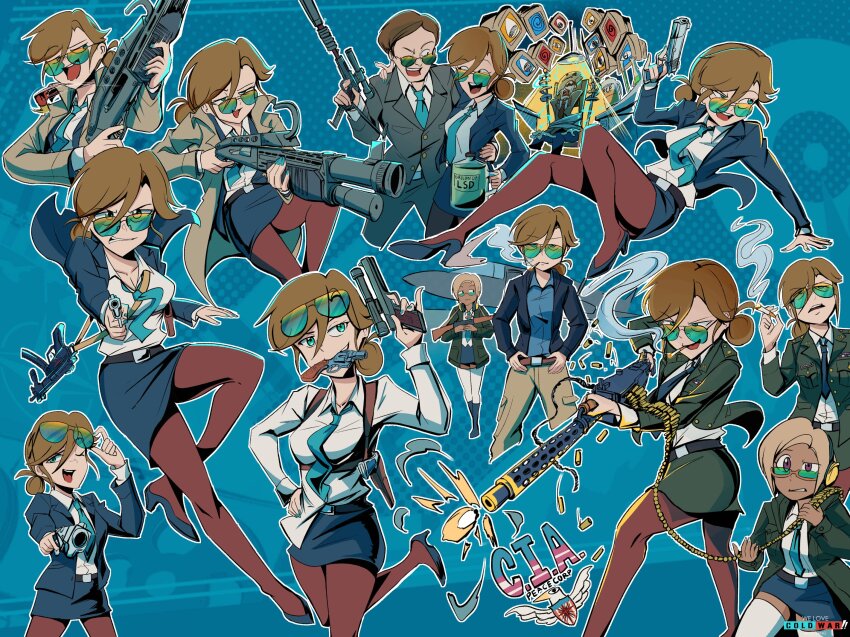 2boys 2girls ammunition_belt baneposting_(meme) black_pantyhose blue_background blue_jacket blue_necktie blue_skirt brown_hair browning_m1919 central_intelligence_agency cigarette coat dark-skinned_female dark_skin dr._strangelove dual-mode_shotgun firing glasses green_coat green_hair green_jacket green_skirt gun h&amp;k_mp5k handgun highres jacket lsd meme military_uniform multiple_boys multiple_girls multiple_views necktie nico_jiang office_lady pantyhose pencil_skirt pump-action_shotgun pump_action revolver semi-automatic_shotgun shirt shotgun skirt smoking snubnosed_revolver spas-12 submachine_gun suppressor we_love_cold_war weapon weapon_request white_shirt