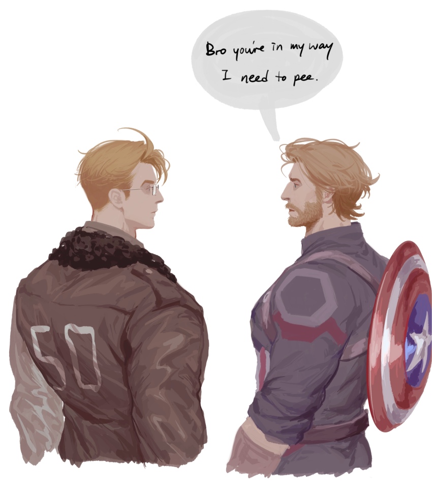2boys absurdres ahoge america_(hetalia) avengers:_infinity_war avengers_(series) axis_powers_hetalia back beard belt black-framed_eyewear blonde_hair blue_bodysuit blue_eyes bodysuit brown_belt brown_gloves brown_jacket captain_america closed_mouth commentary country_connection english_commentary english_text facial_hair fur-trimmed_jacket fur_trim glasses gloves highres jacket long_sleeves looking_at_another male_focus mare_hane marvel marvel_cinematic_universe multiple_boys number_print open_mouth semi-rimless_eyewear shield shield_on_back short_hair simple_background speech_bubble star_(symbol) steve_rogers superhero_costume white_background