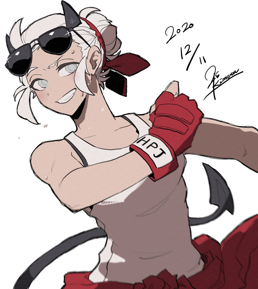 1girl 25_kimera black_horns blind blush commentary_request demon_girl demon_horns demon_tail gloves grey_eyes hair_bun helltaker highres horns justice_(helltaker) red_gloves smile solo sweat tail tank_top teeth toned toned_female white_hair white_tank_top