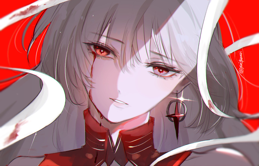 1girl blood bloody_tears commentary_request earrings glint grey_eyes head_tilt heterochromia highres jewelry looking_at_viewer loose_bandages parted_lips phrolova_(wuthering_waves) portrait red_background red_eyes single_earring solo twitter_username wu_yuuri wuthering_waves