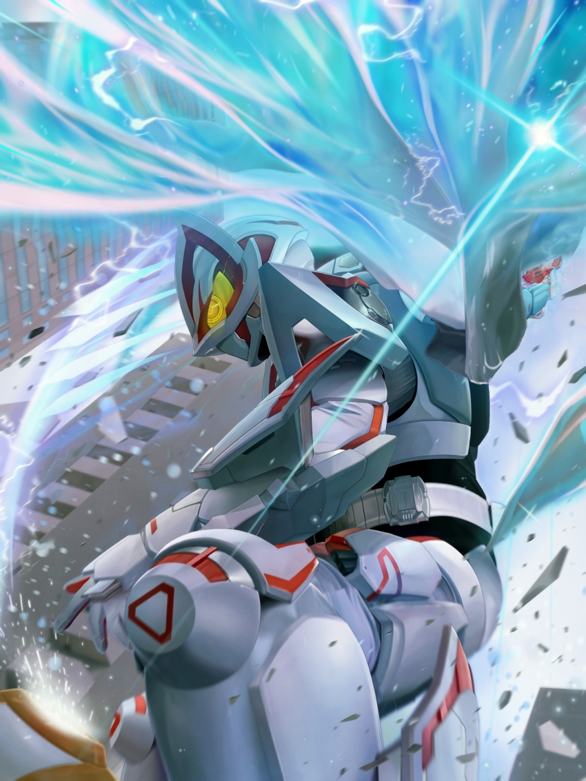 1boy absurdres armor bodysuit cape fox_mask geats_buster_qb9 glowing helmet highres holding kamen_rider kamen_rider_geats kamen_rider_geats_(series) kamen_rider_geats_ix light_particles male_focus mask omochi_mochi_(mcmc_akari) rider_belt solo tokusatsu weapon yellow_eyes