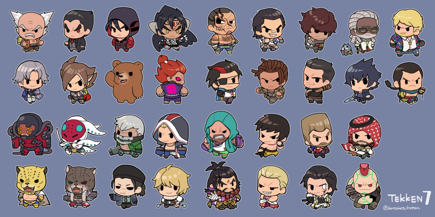 1girl 6+boys akuma_(street_fighter) american_flag american_flag_print androgynous angry armor_king arms_at_sides balding baseball_bat beard beard_over_mouth black_coat black_facial_hair black_gloves black_hair black_headwear black_necktie black_pants black_wings blonde_facial_hair blonde_hair blue_background blue_coat blue_hoodie bob_(tekken) boxing_gloves bracelet braid braided_ponytail brown_facial_hair brown_hair bryan_fury camouflage camouflage_pants cane chibi claudio_serafino claws cleft_chin clenched_hand closed_mouth coat coat_on_shoulders connected_beard copyright_name craig_marduk crossed_arms cyborg dark-skinned_male dark_skin devil_jin dreadlocks eddy_gordo everyone eyepatch facial_hair facial_mark facial_tattoo fahkumram feng_wei fighting_stance fingerless_gloves flag_print forehead_jewel frown full_beard ganryu_(tekken) geese_howard gigas_(tekken) gloves green_coat green_pants grey_facial_hair grey_hair grey_jacket grey_pants grimace grin gun hair_between_eyes hair_slicked_back hat hawaiian_shirt heterochromia highres holding holding_baseball_bat holding_cane holding_gun holding_sword holding_weapon hood hood_up hoodie hwoarang_(tekken) jack-7 jacket jaguar_boy jewelry kazama_jin keffiyeh king_(tekken) kotorai kuma_(tekken) lars_alexandersson lee_chaolan lei_wulong leo_kliesen leroy_smith looking_ahead looking_back looking_to_the_side male_focus marshall_law mask miguel_caballero_rojo mishima_heihachi mishima_kazuya mohawk multicolored_hair multiple_boys mustache necklace necktie negan_smith noctis_lucis_caelum open_clothes open_coat open_vest orange_hair outstretched_arms pants paul_phoenix pectorals ponytail purple_gloves purple_hair red_eyes red_hair red_necktie scar scar_across_eye scar_on_chest scar_on_face scar_on_forehead scar_on_mouth sergei_dragunov shaheen shirt short_hair sideburns skull_print smile smug solid_oval_eyes sparse_stubble spiked_bracelet spikes steve_fox streaked_hair sugar_(tekken) sunglasses sword tattoo tekken tekken_7 thick_eyebrows topknot topless_male twitter_username v-shaped_eyebrows vest weapon white_coat white_shirt wings yellow_eyes yellow_pants yoshimitsu_(namco)