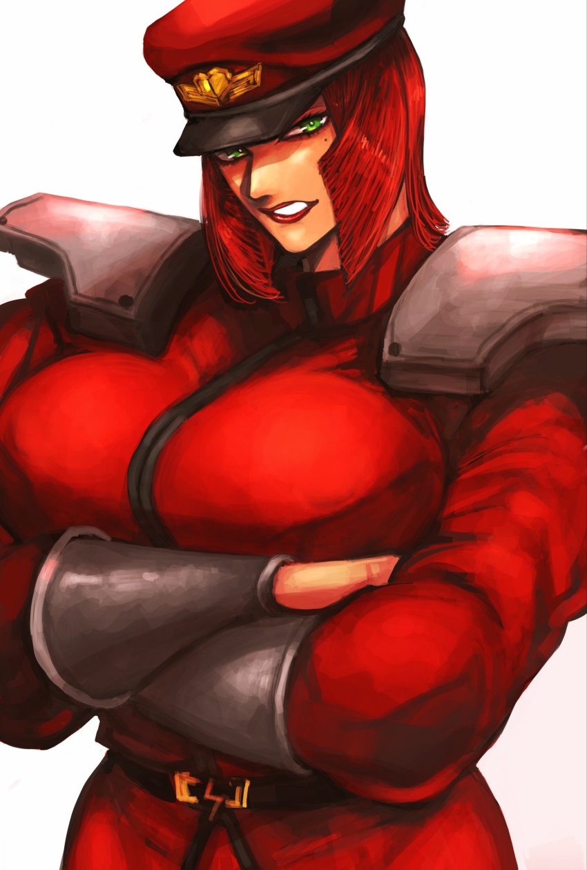 1girl absurdres belt black_belt bracer breasts cosplay crossed_arms green_eyes hat highres large_breasts lightning_bolt_symbol m._bison m._bison_(cosplay) marisa_(street_fighter) mole mole_under_eye muscular muscular_female peaked_cap shoulder_pads solo street_fighter street_fighter_6 white_background zuman_(zmnjo1440)